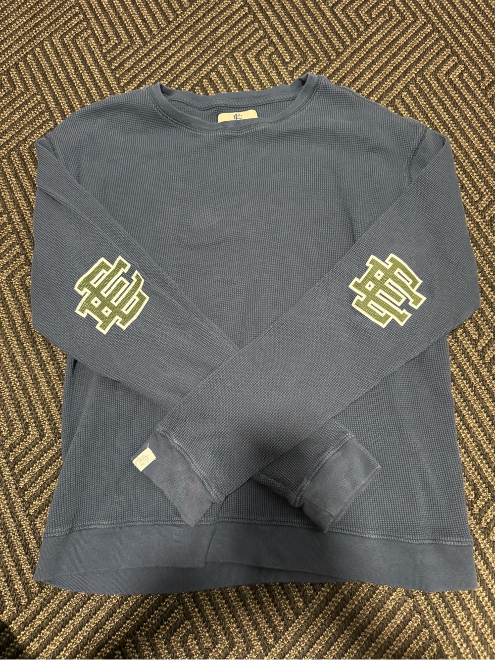 Eric Emanuel Navy Blue Waffle Crewneck with Elbow Patches